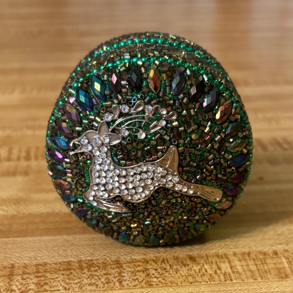 Green and Jewel Toned Beaded and Clear Rhinestone Reindeer Gift Box Small - Picture 3 of 9